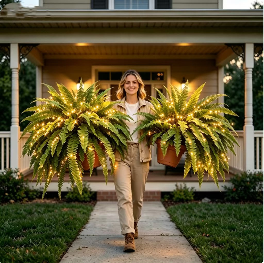 ☀️ Glowing Artificial Boston Fern – Zero-Watering Lighted Porch & Home Decor