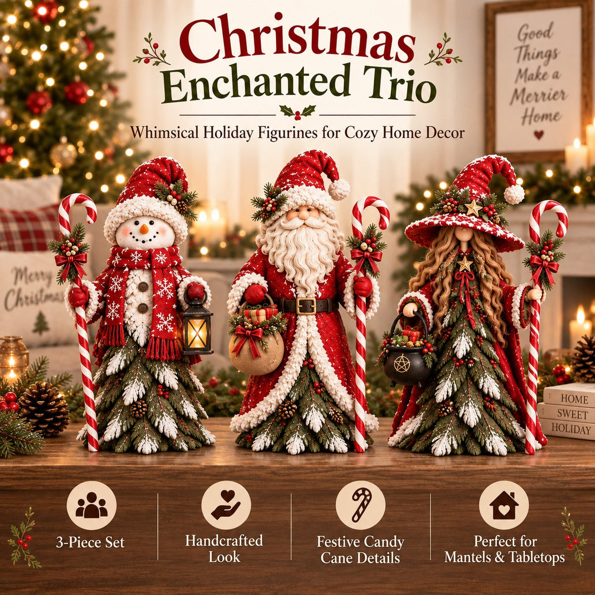 🎄 Christmas Enchanted Trio Figurine Set – Snowman, Santa & Winter Witch Decor ✨