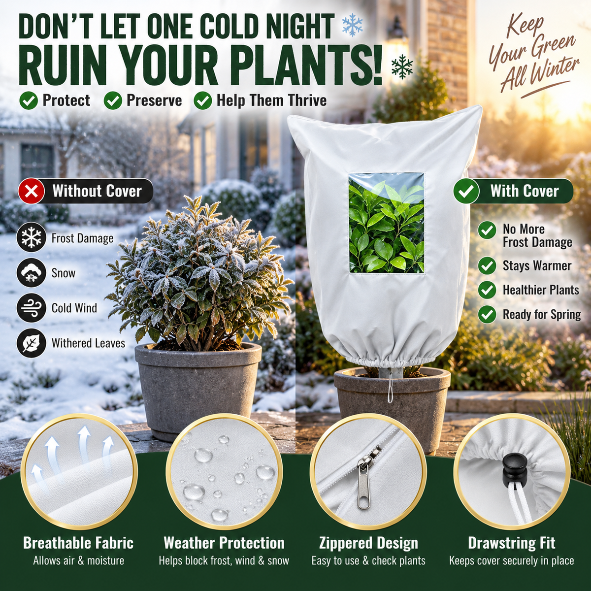 🌿 WINTER GARDEN ESSENTIAL | Plant Frost Protection Cover – Breathable Reusable Cover for Shrubs, Pots & Young Trees！