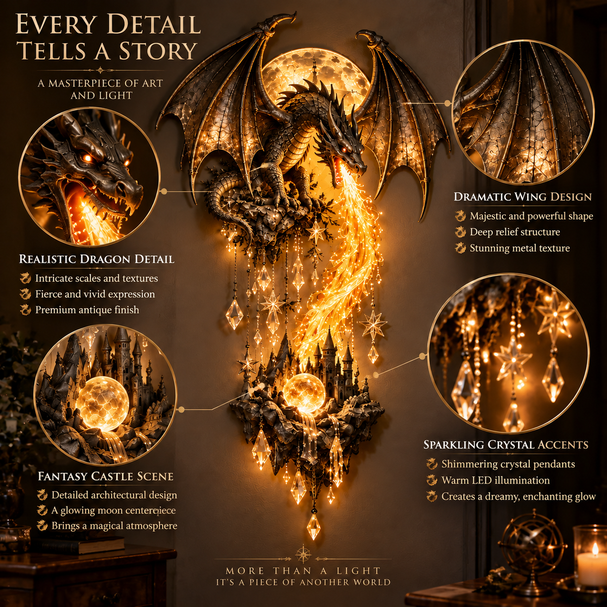 Last Day 49% OFF – 🐉 Dragonfire Moonlight Wall Lamp | Enchanted Fantasy Castle Decor