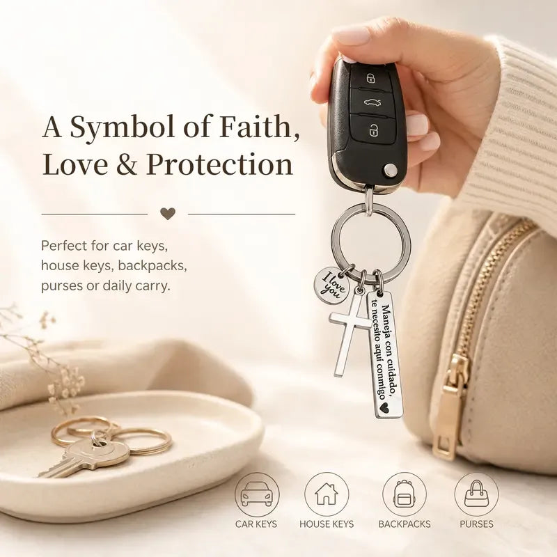 Keychain with Cross and 'I Love You' Charm