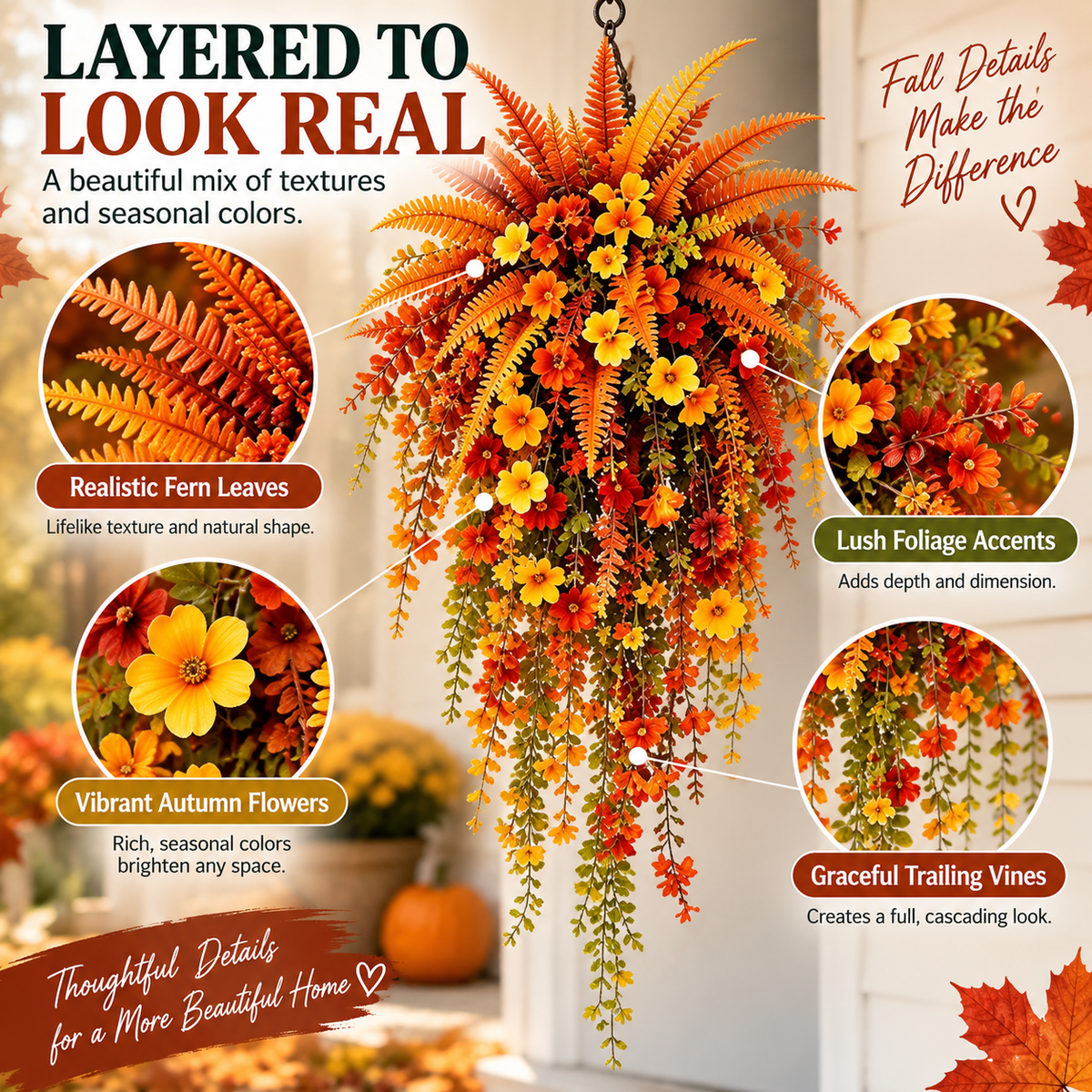 FALL PORCH FAVORITE | Cascading Artificial Fern Swag – Autumn Hanging Decor for Entryways, Columns & Gates