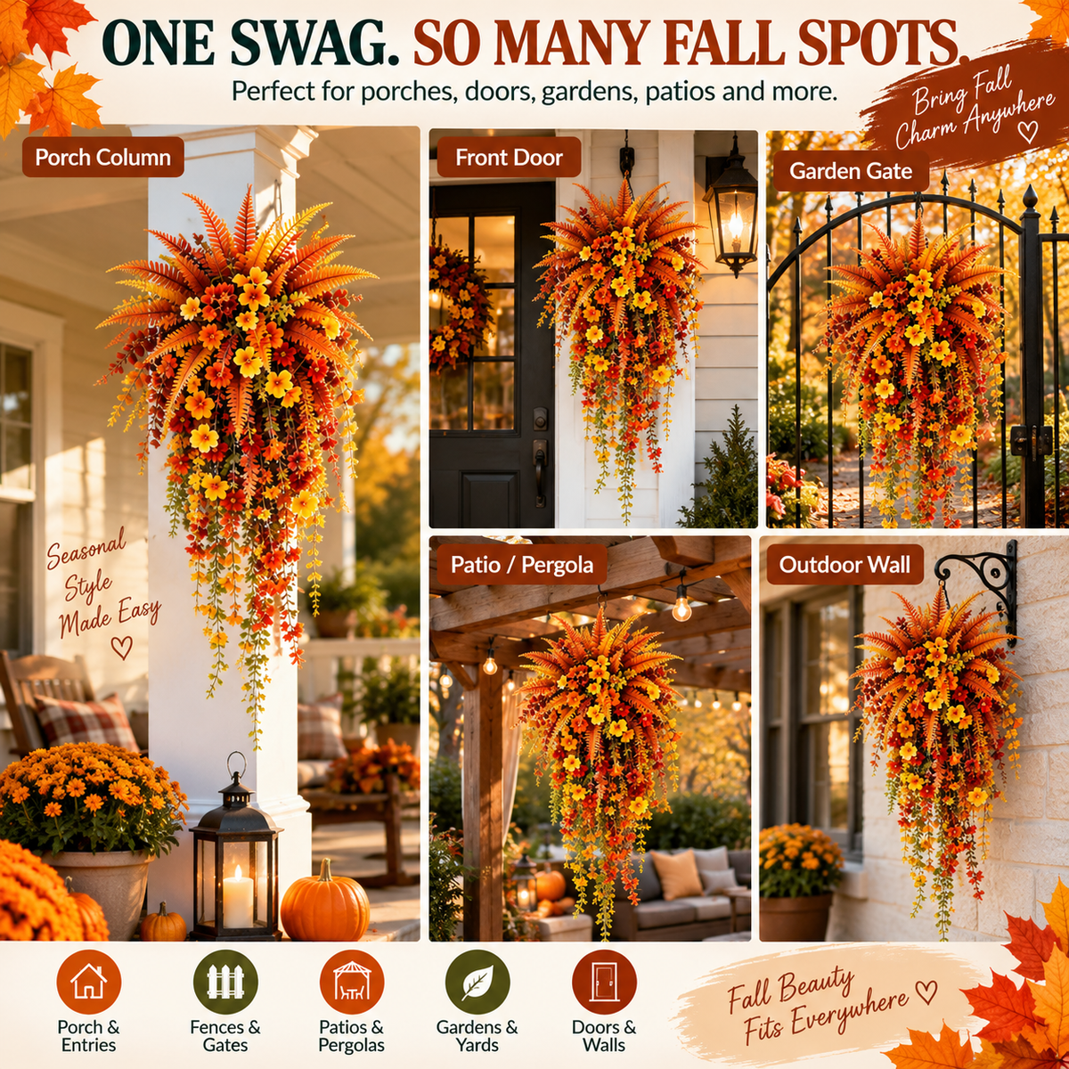 FALL PORCH FAVORITE | Cascading Artificial Fern Swag – Autumn Hanging Decor for Entryways, Columns & Gates