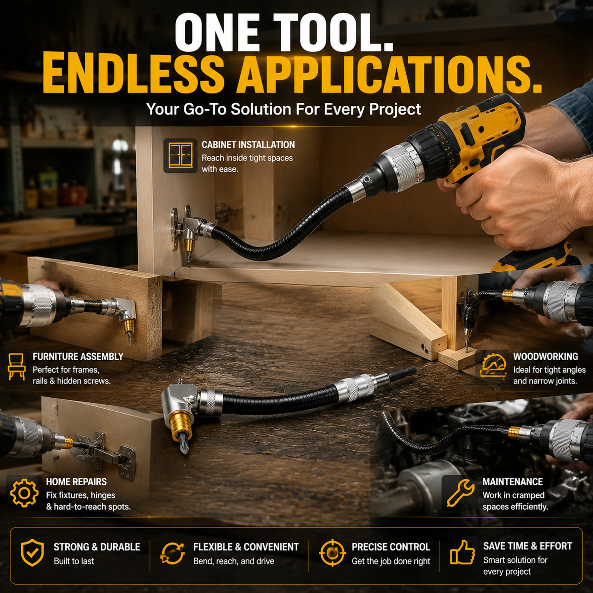 🔧 Flexible 90° Drill Adapter – Reach Screws Your Drill Can’t