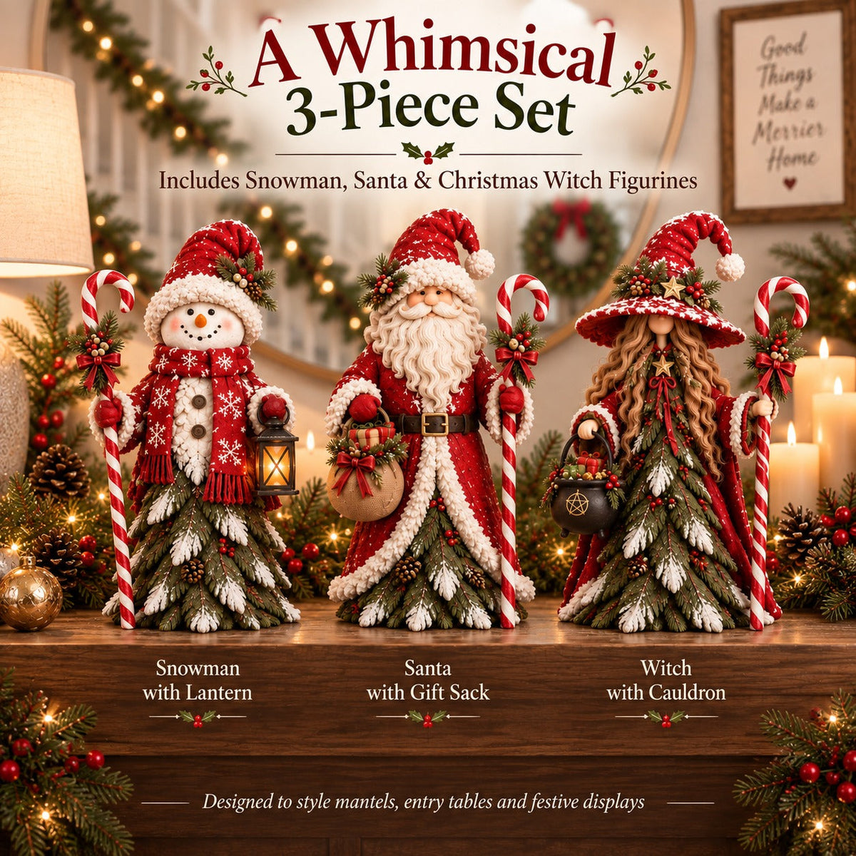 🎄 Christmas Enchanted Trio Figurine Set – Snowman, Santa & Winter Witch Decor ✨