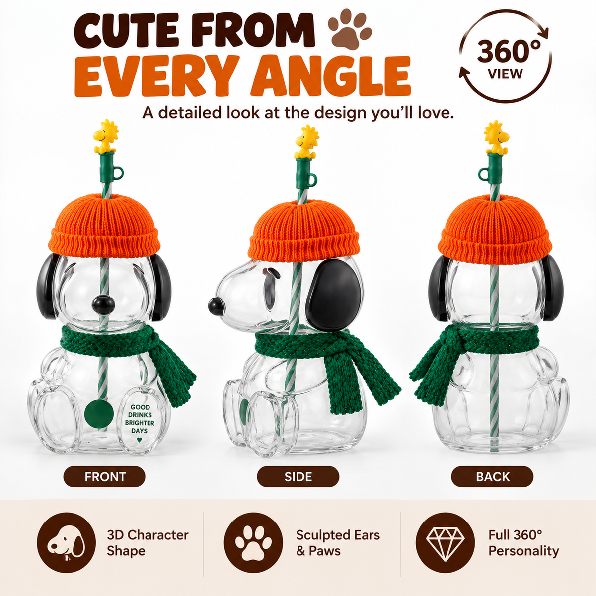 🍂 Cozy Beagle-Shaped Glass Cold Cup with Straw & Cozy Fall Knit Accents