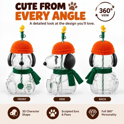 🍂 Cozy Beagle-Shaped Glass Cold Cup with Straw & Cozy Fall Knit Accents