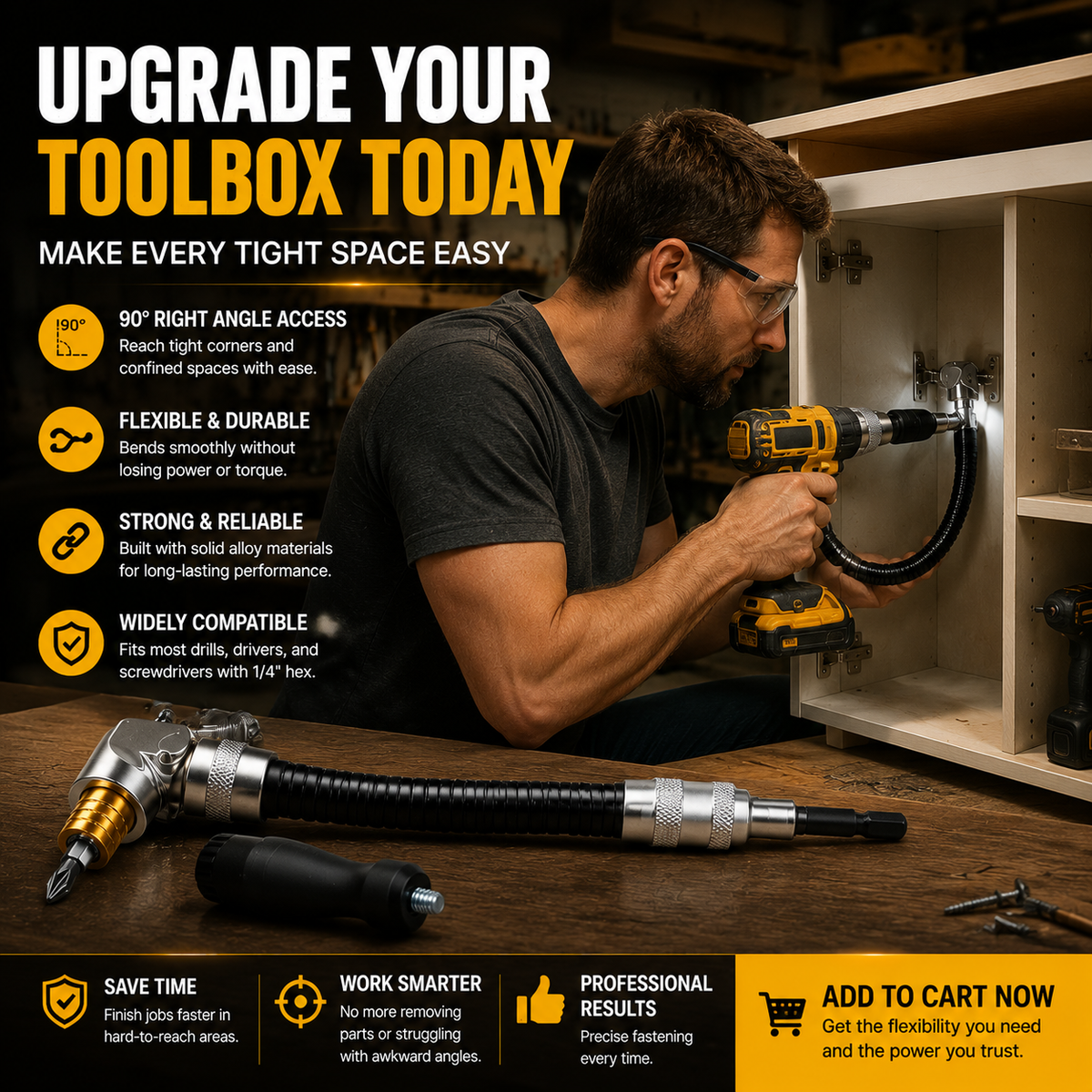🔧 Flexible 90° Drill Adapter – Reach Screws Your Drill Can’t