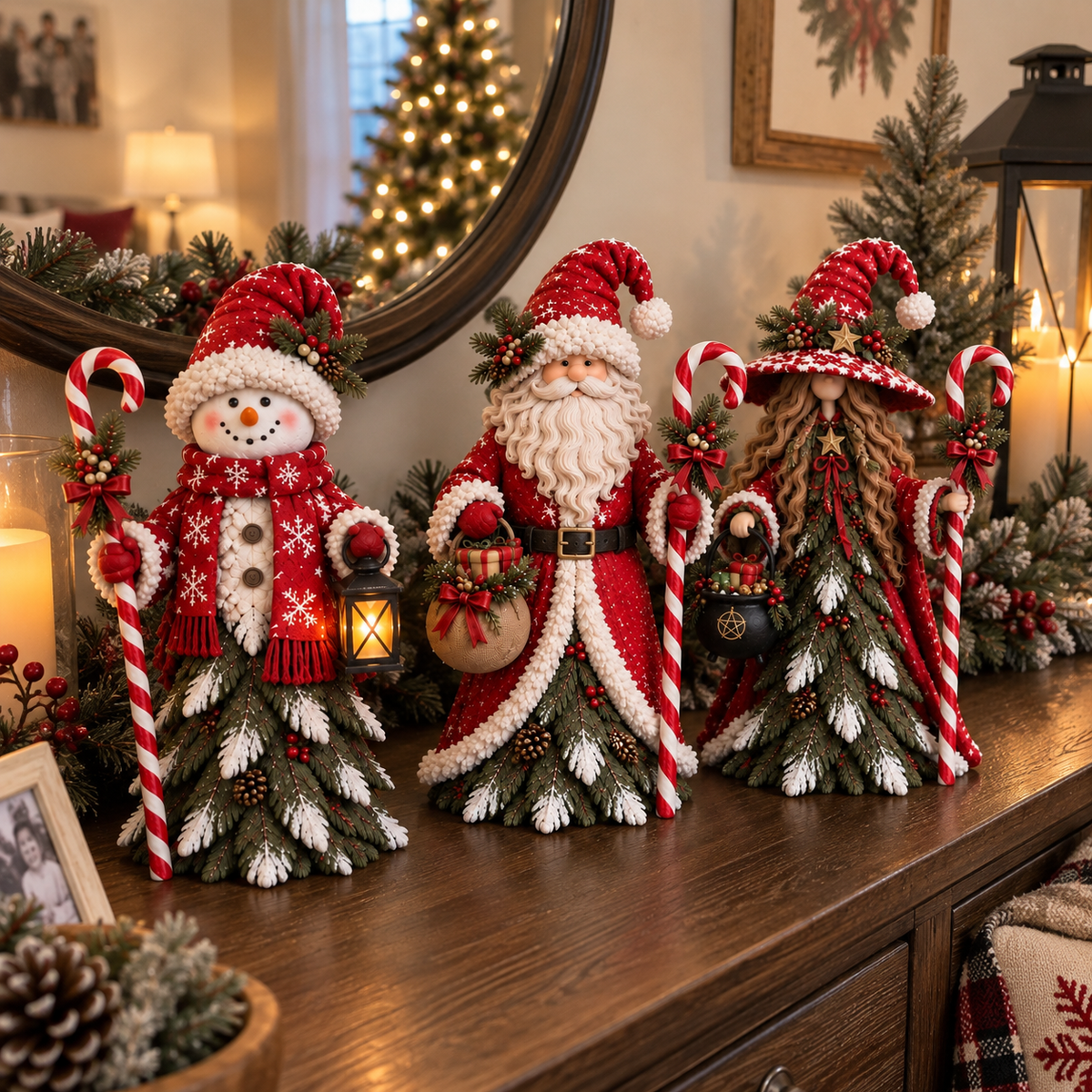 🎄 Christmas Enchanted Trio Figurine Set – Snowman, Santa & Winter Witch Decor ✨
