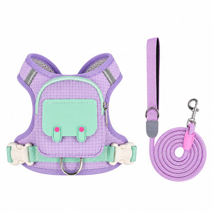 🐶 Dog Backpack Harness & Leash Set – Breathable Walking Vest with Storage Pocket
