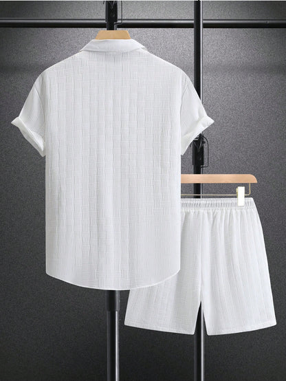 Men Solid Button Up Shirt & Shorts Set