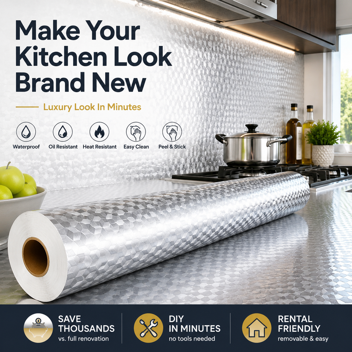 🏠 Peel & Stick Kitchen Makeover Film – Waterproof DIY Countertop & Cabinet Cover