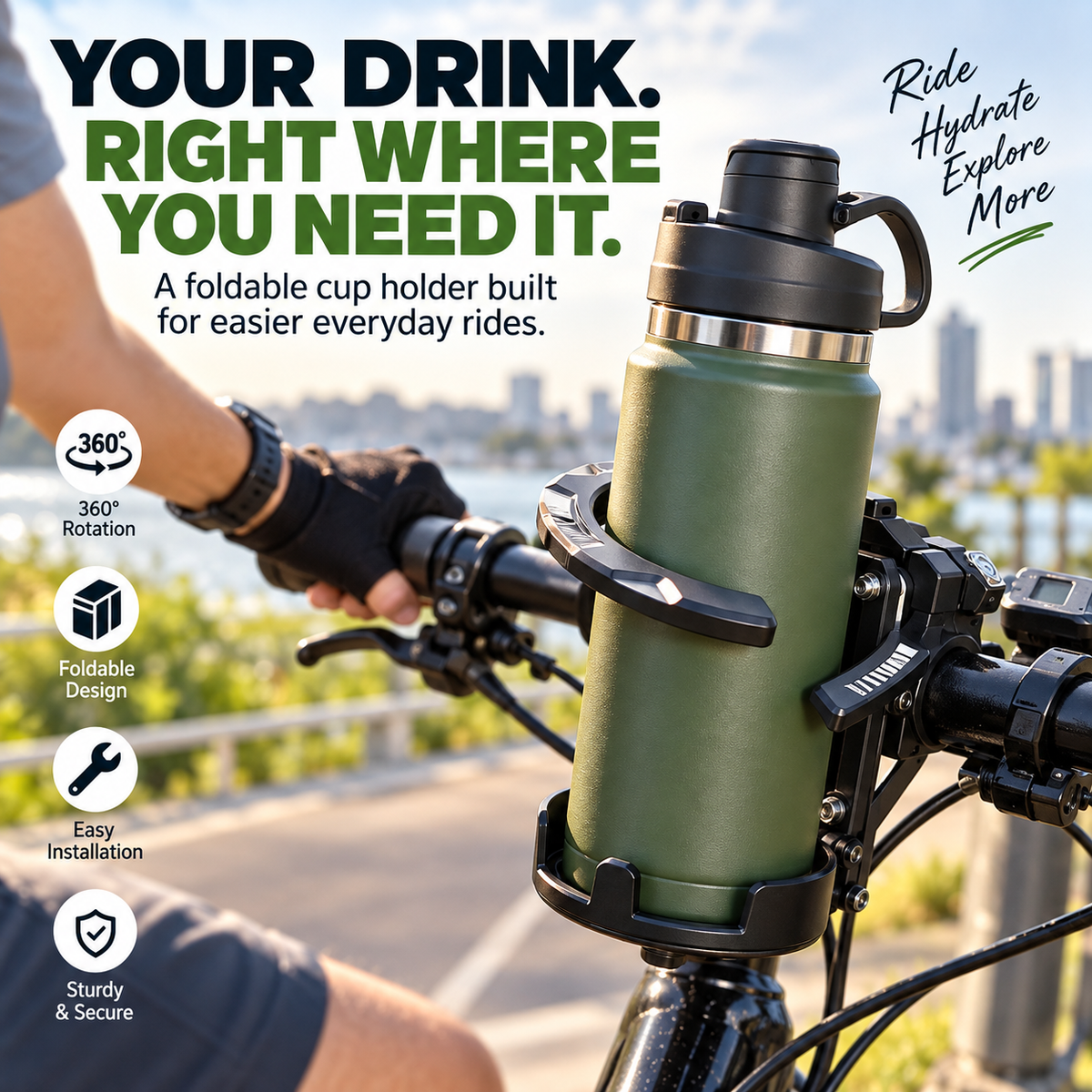 🚴 Foldable 360° Rotating Bike Cup Holder – Adjustable Drink Mount for Bikes, Scooters & Strollers