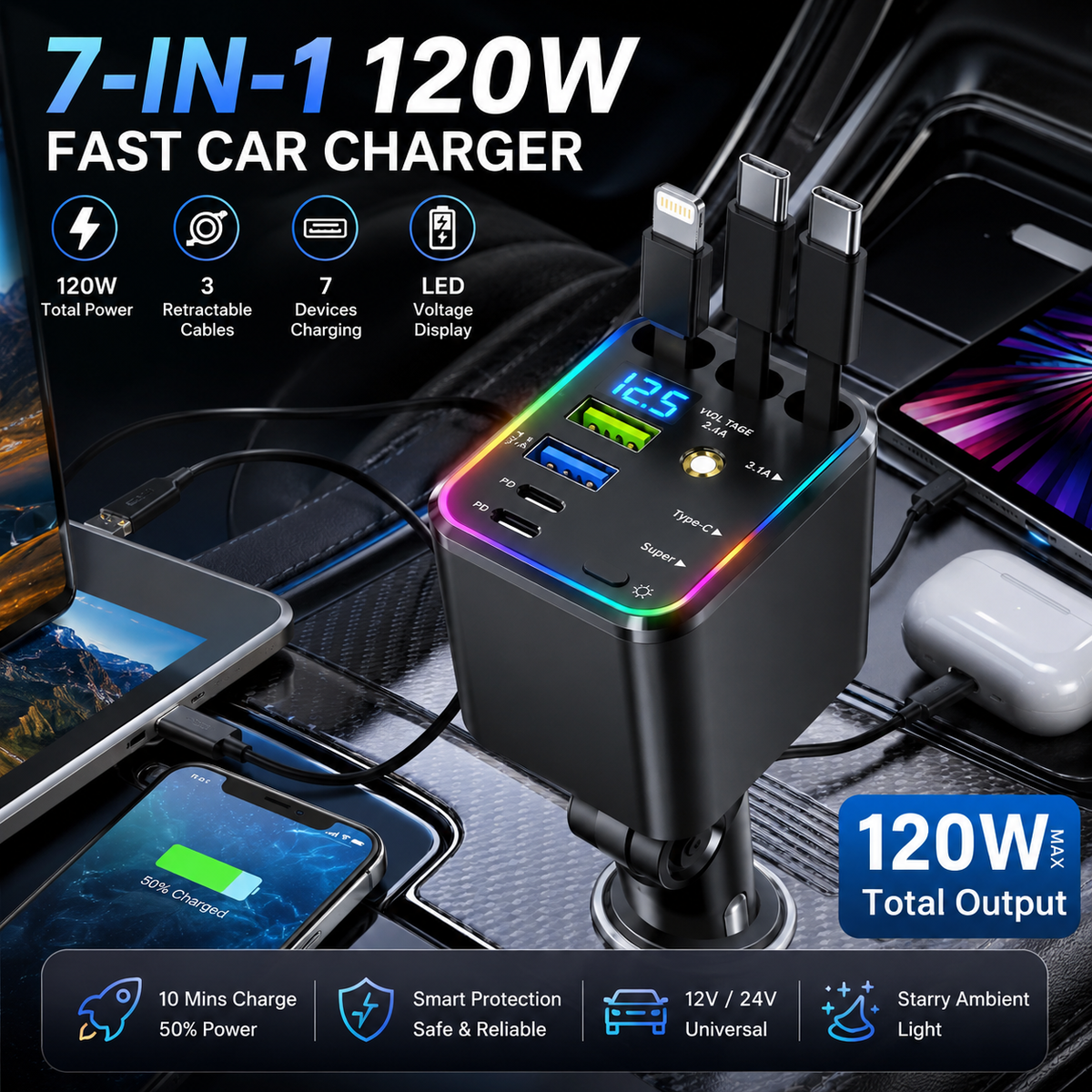 🔋 7-in-1 120W Retractable Car Charger – Fast Charging Power Hub with LED Voltage Display