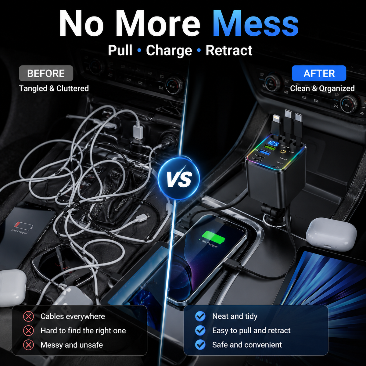 🔋 7-in-1 120W Retractable Car Charger – Fast Charging Power Hub with LED Voltage Display