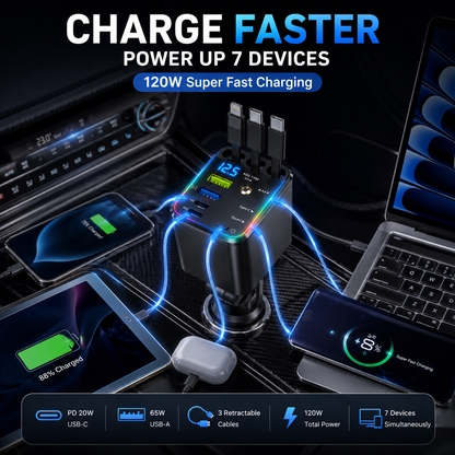 🔋 7-in-1 120W Retractable Car Charger – Fast Charging Power Hub with LED Voltage Display