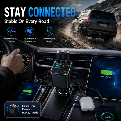 🔋 7-in-1 120W Retractable Car Charger – Fast Charging Power Hub with LED Voltage Display