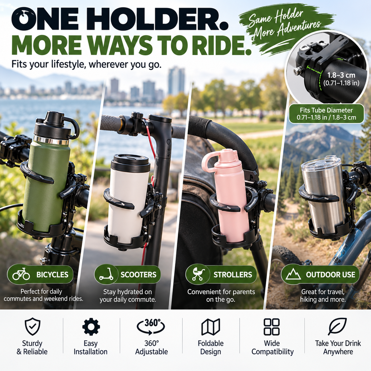 🚴 Foldable 360° Rotating Bike Cup Holder – Adjustable Drink Mount for Bikes, Scooters & Strollers