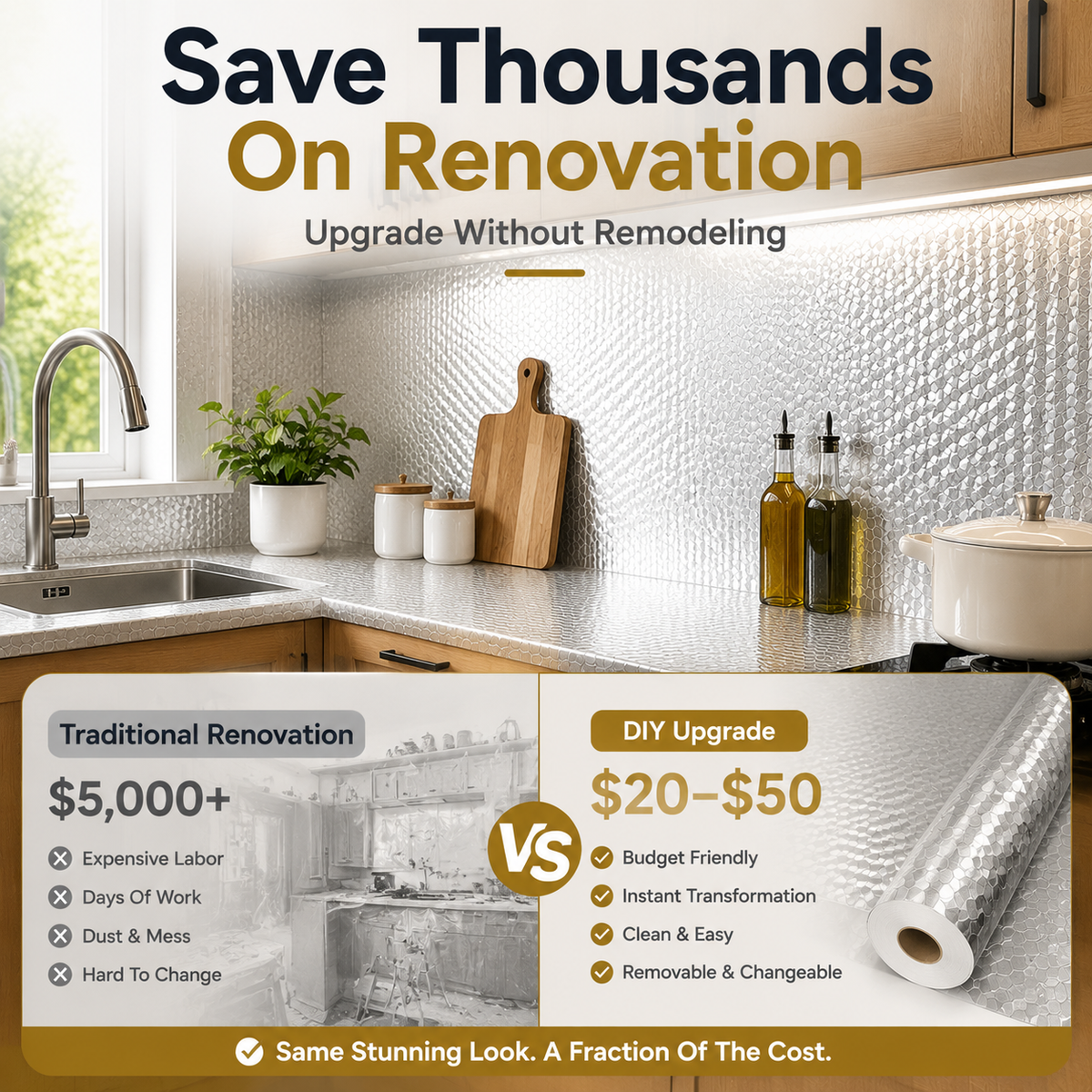 🏠 Peel & Stick Kitchen Makeover Film – Waterproof DIY Countertop & Cabinet Cover