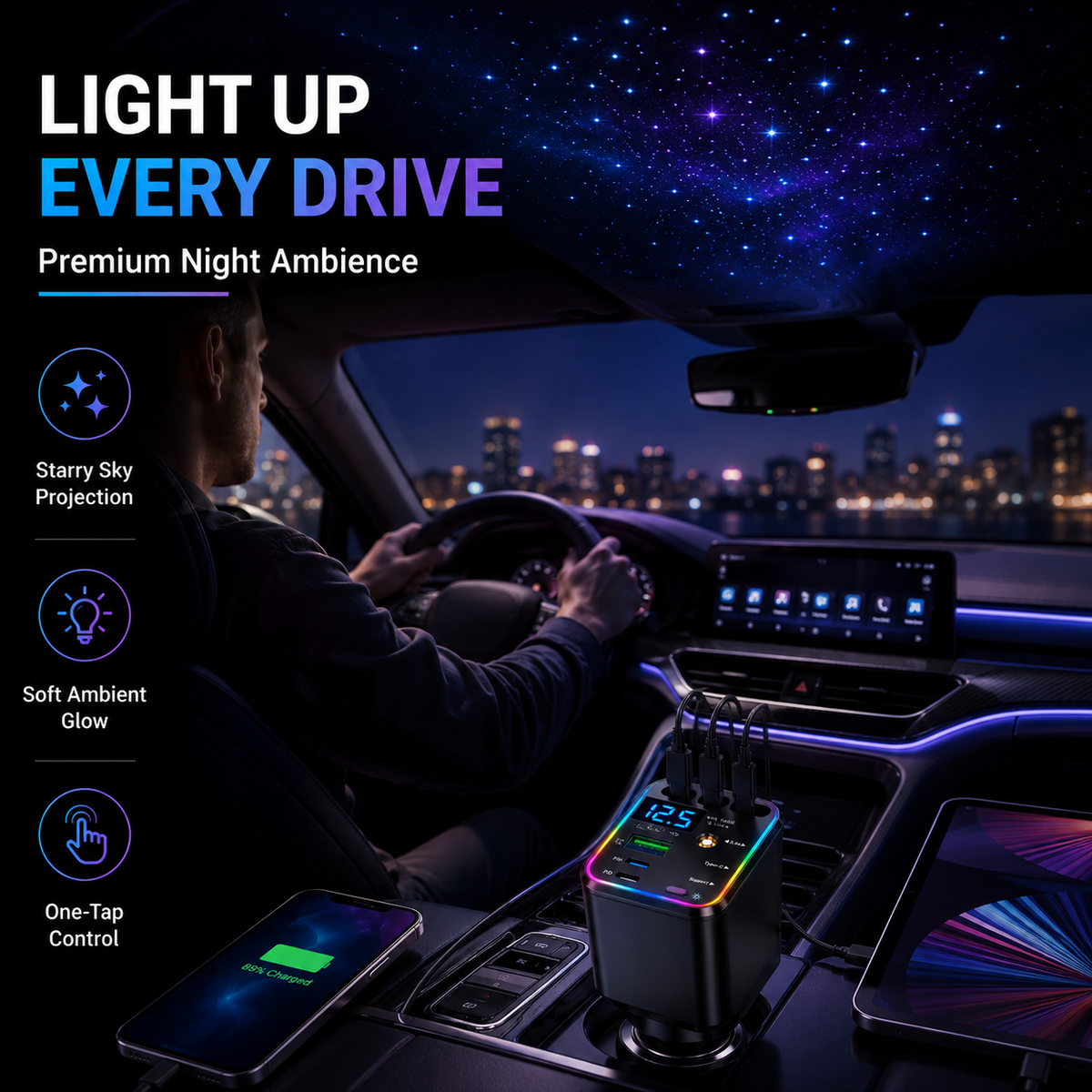 🔋 7-in-1 120W Retractable Car Charger – Fast Charging Power Hub with LED Voltage Display