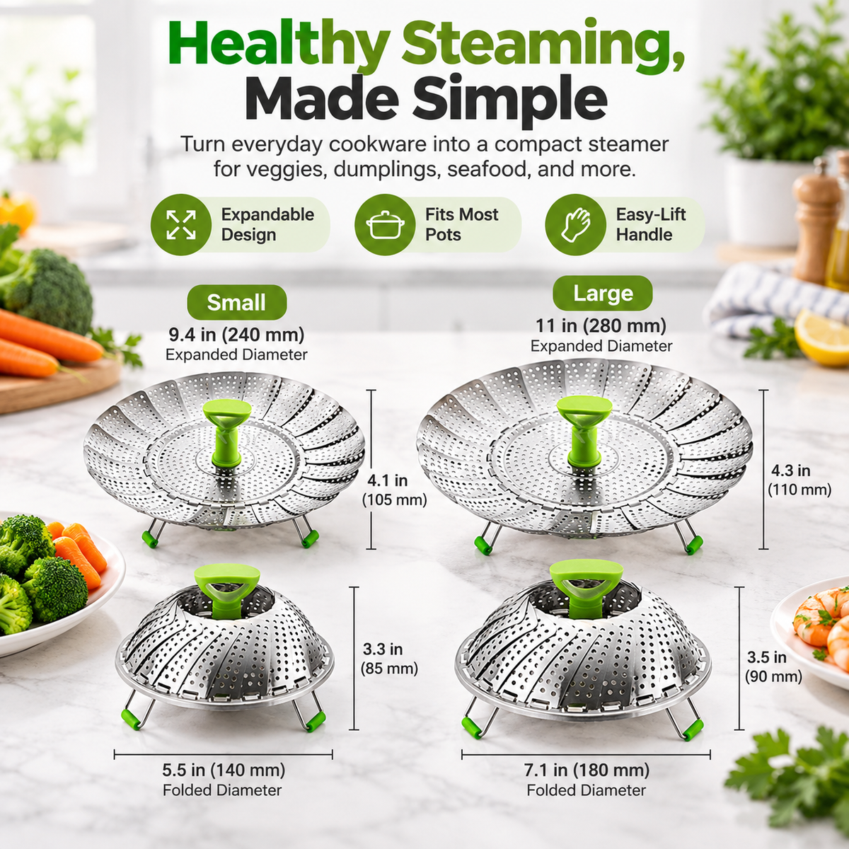 🥦 Expandable Folding Steamer Basket – Adjustable Stainless Steel Cooking Insert, 2 Sizes