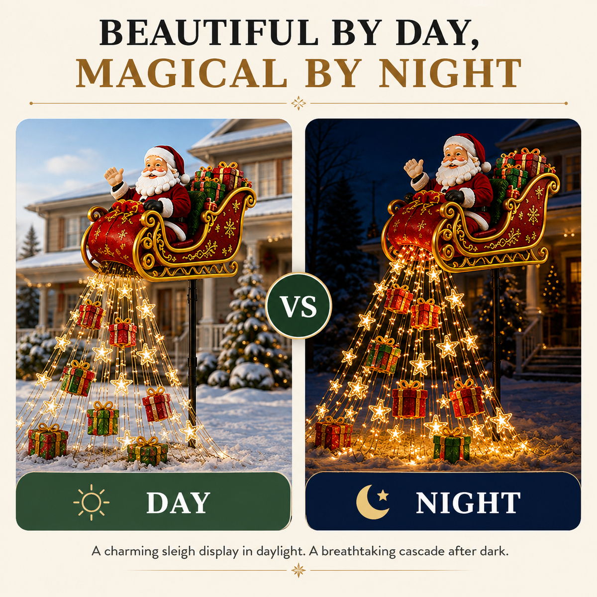 🎅 Santa’s Flying Sleigh Solar Garden Light – Cascading Christmas Gift Display