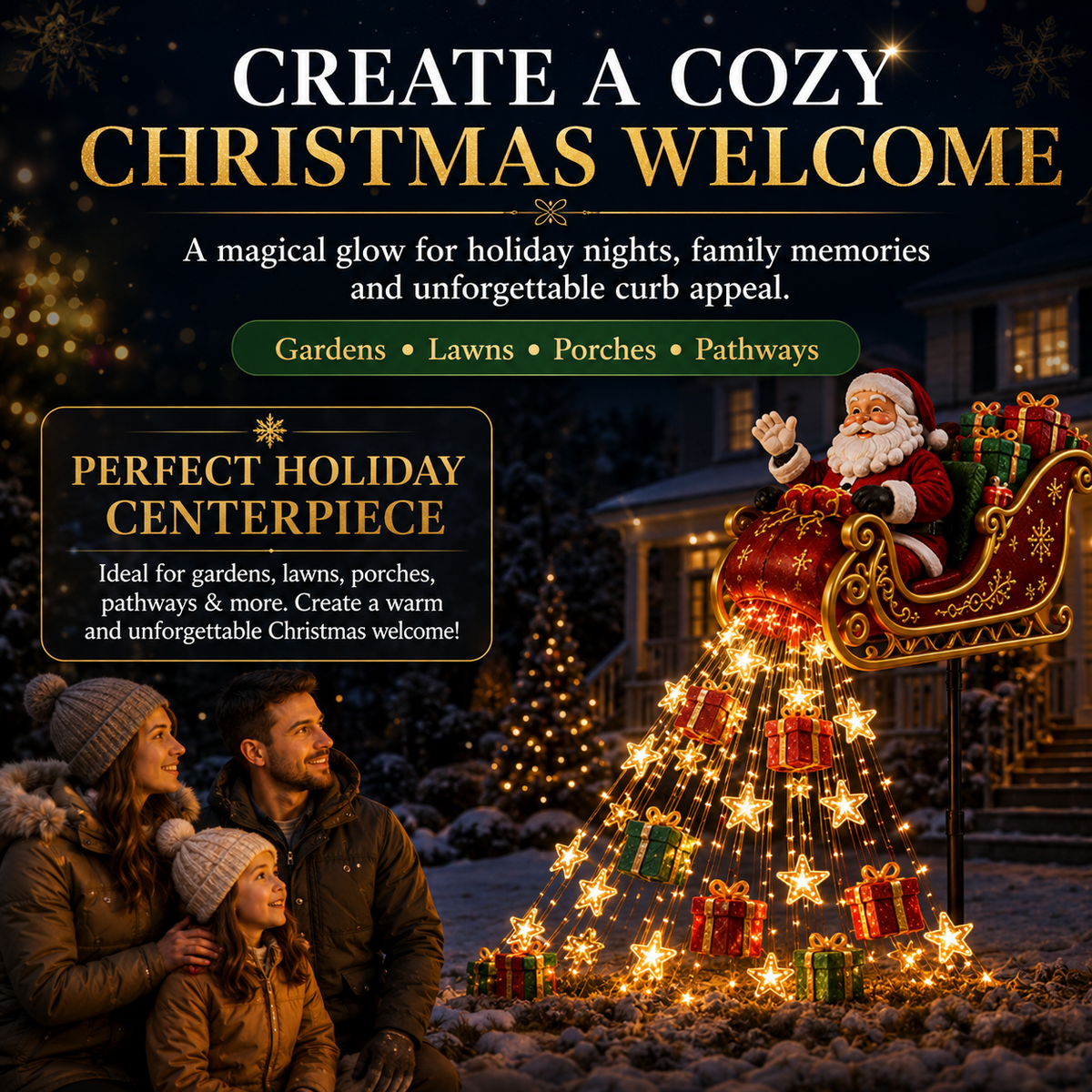 🎅 Santa’s Flying Sleigh Solar Garden Light – Cascading Christmas Gift Display