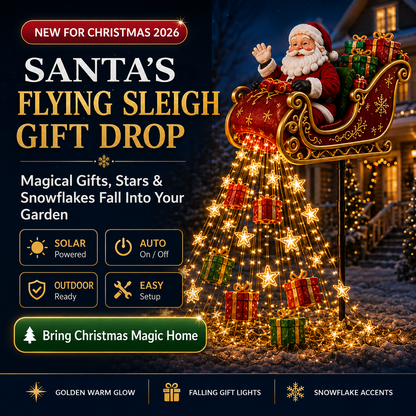 🎅 Santa’s Flying Sleigh Solar Garden Light – Cascading Christmas Gift Display