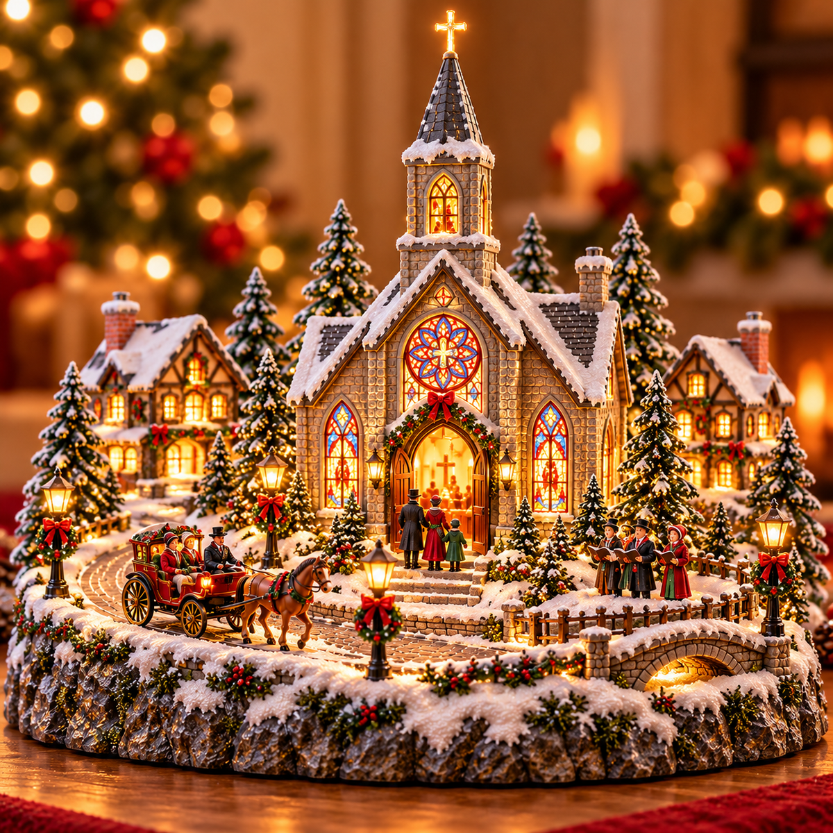 ⛪🎄 Christmas Eve Church Village™ – Moving Horse-Drawn Carriage & Warm Stained-Glass Glow