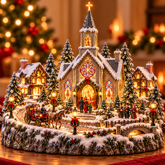 ⛪🎄 Christmas Eve Church Village™ – Moving Horse-Drawn Carriage & Warm Stained-Glass Glow