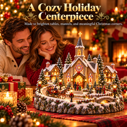 ⛪🎄 Christmas Eve Church Village™ – Moving Horse-Drawn Carriage & Warm Stained-Glass Glow