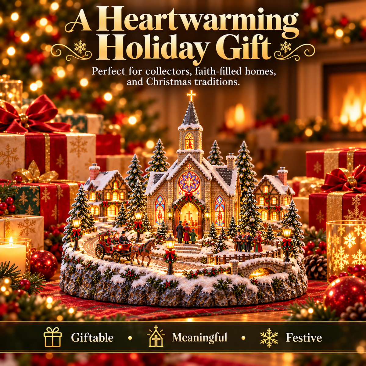 ⛪🎄 Christmas Eve Church Village™ – Moving Horse-Drawn Carriage & Warm Stained-Glass Glow