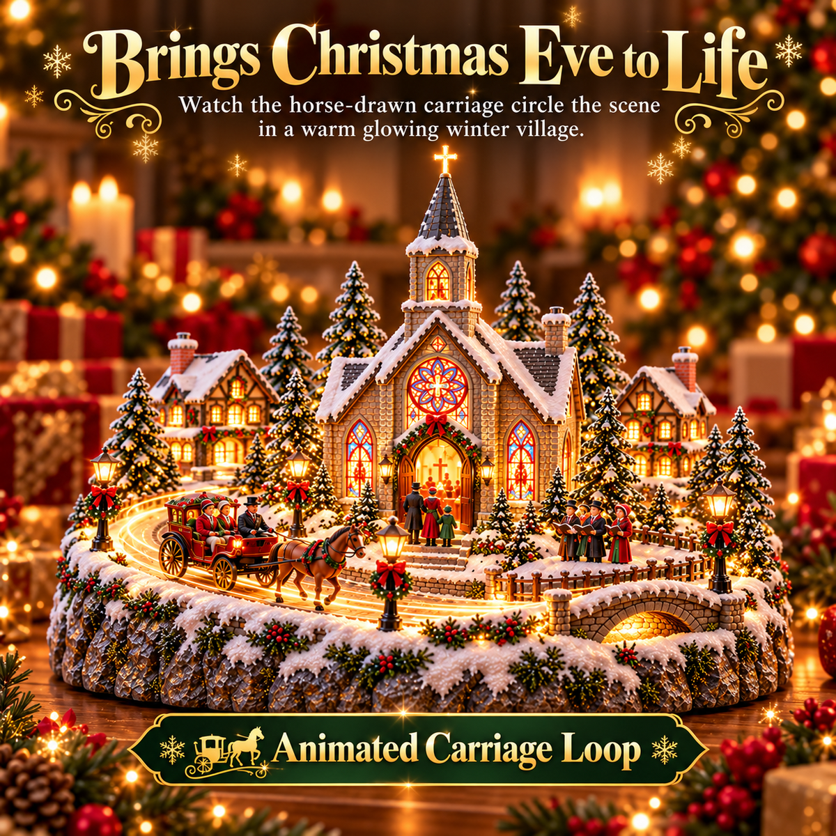 ⛪🎄 Christmas Eve Church Village™ – Moving Horse-Drawn Carriage & Warm Stained-Glass Glow