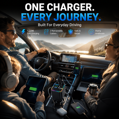 🔋 7-in-1 120W Retractable Car Charger – Fast Charging Power Hub with LED Voltage Display