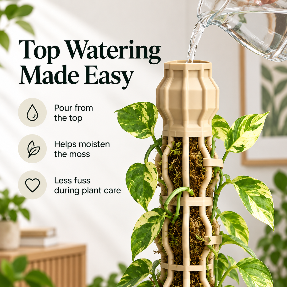 🪴Stackable Climbing Plant Support Pole – Vine Clips, Moss Fill & Top Watering Design
