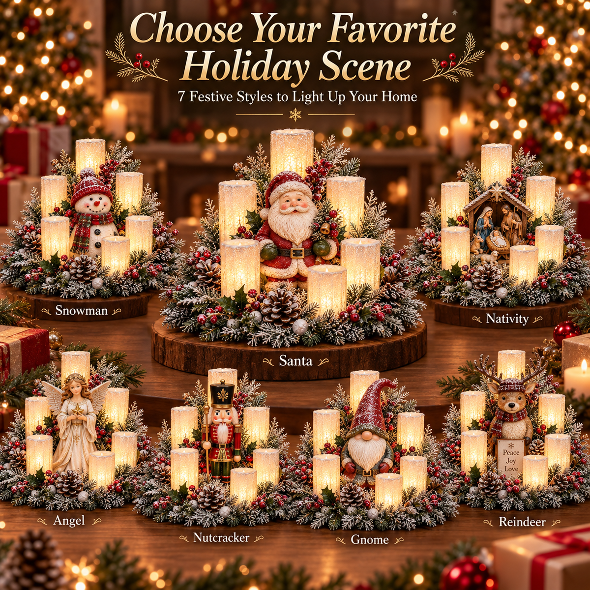 🌲Lighted Christmas Centerpiece — 7 Styles, Candle-Style Holiday Decor
