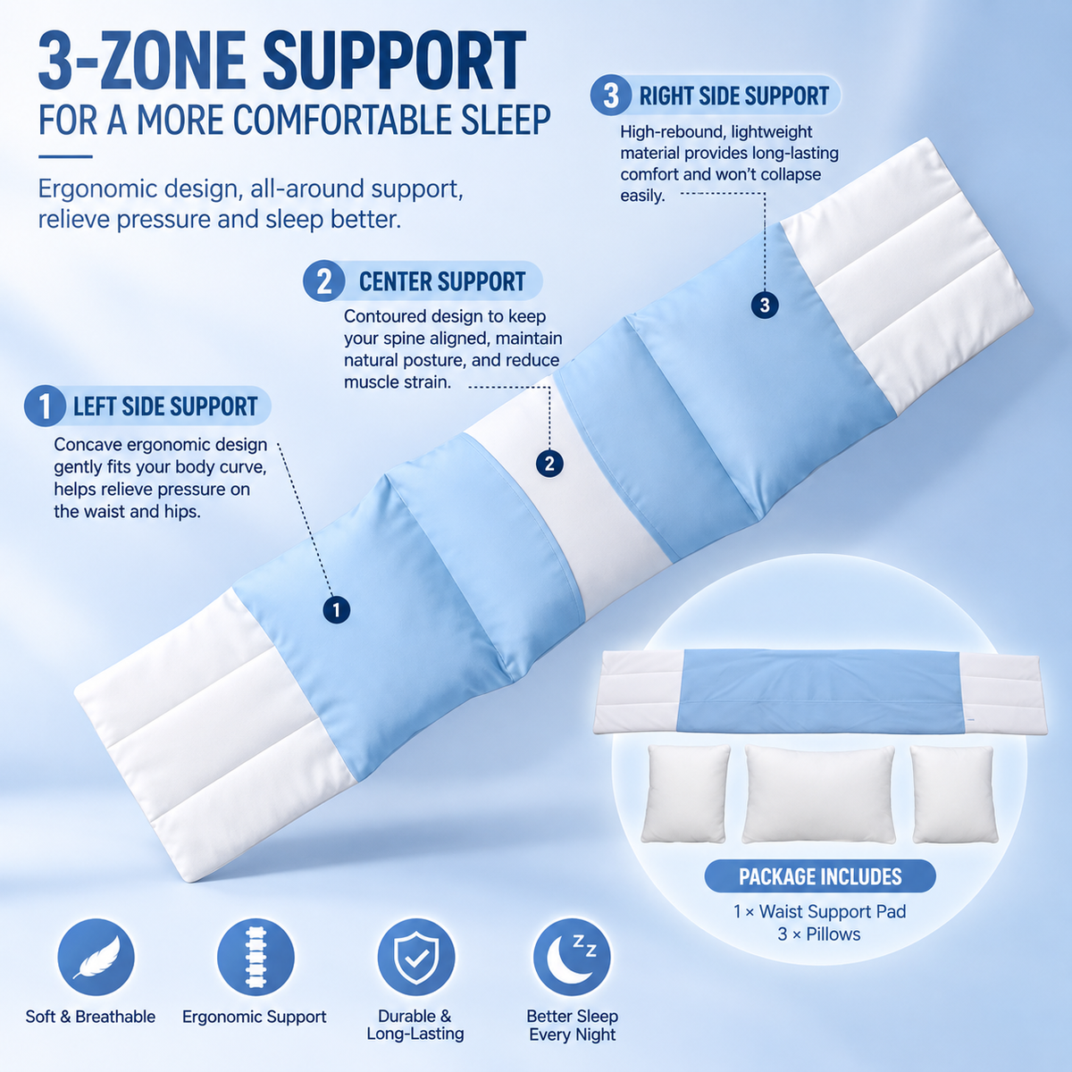 3-Zone Lumbar Support Pillow – Comfort That Adjusts With You.Remove, reposition and adjust the inner cushions for the way you sit, rest or sleep.