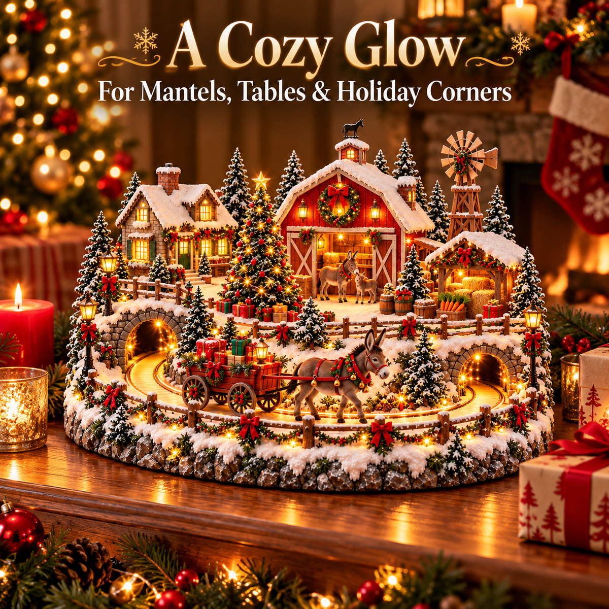 🫏🎄 Christmas Donkey Delivery Village™ – Lighted Holiday Farm Scene with Donkey & Christmas Gift Wagon