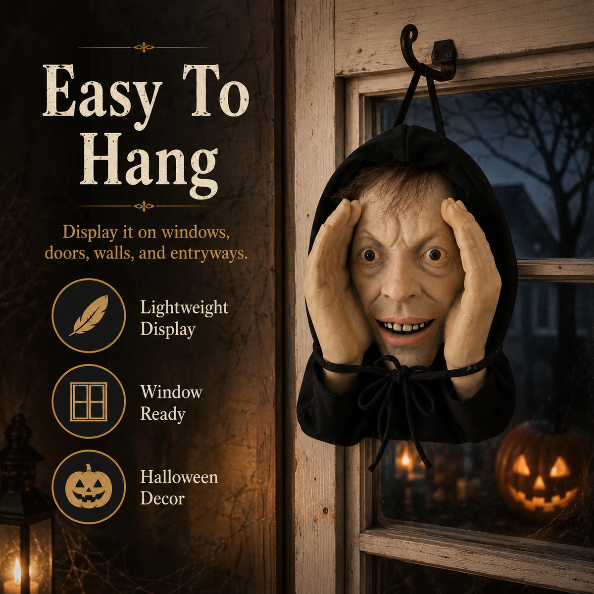 🎃 Creepy Hanging Halloween Face – 4 Spooky Window Prank & Porch Decor Styles