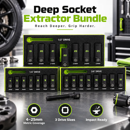 🔩 26-Pcs Deep Socket Extractor Bundle — ✨4–25mm Metric, 1/4', 3/8' & 1/2' Drive