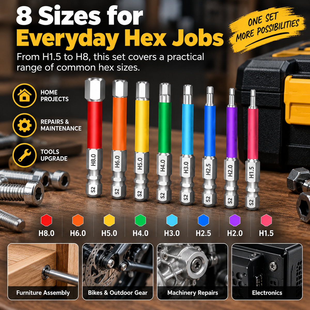 🧲Magnetic Hex Bit Set — 8 Sizes, Color-Coded, S2 Steel, 65mm