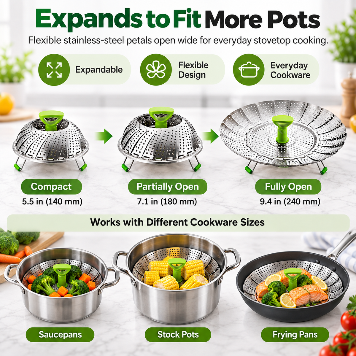 🥦 Expandable Folding Steamer Basket – Adjustable Stainless Steel Cooking Insert, 2 Sizes