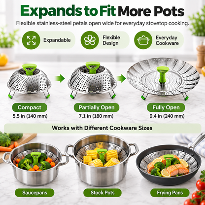 🥦 Expandable Folding Steamer Basket – Adjustable Stainless Steel Cooking Insert, 2 Sizes