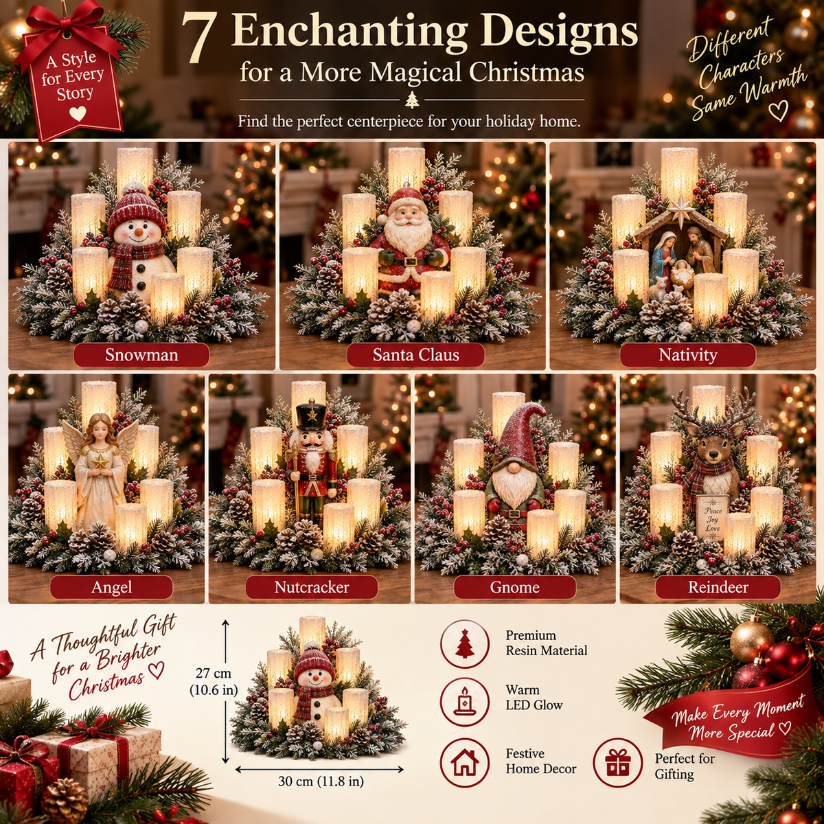 🌲Lighted Christmas Centerpiece — 7 Styles, Candle-Style Holiday Decor
