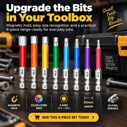 🧲Magnetic Hex Bit Set — 8 Sizes, Color-Coded, S2 Steel, 65mm