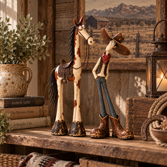 🤠🐴Whimsical Western Cowboy & Horse Figurine — Funny Wild West Decor