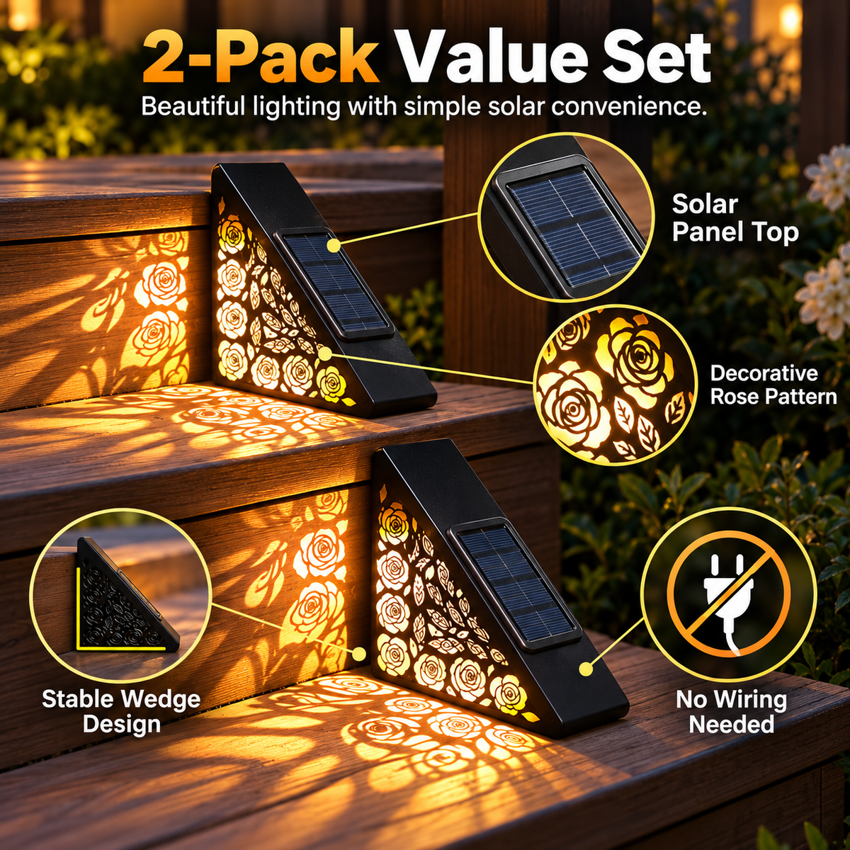 2-Pack Solar Step Lights – Automatic Dusk-to-Dawn Glow, No Wiring Needed for Steps, Porches & Garden Paths