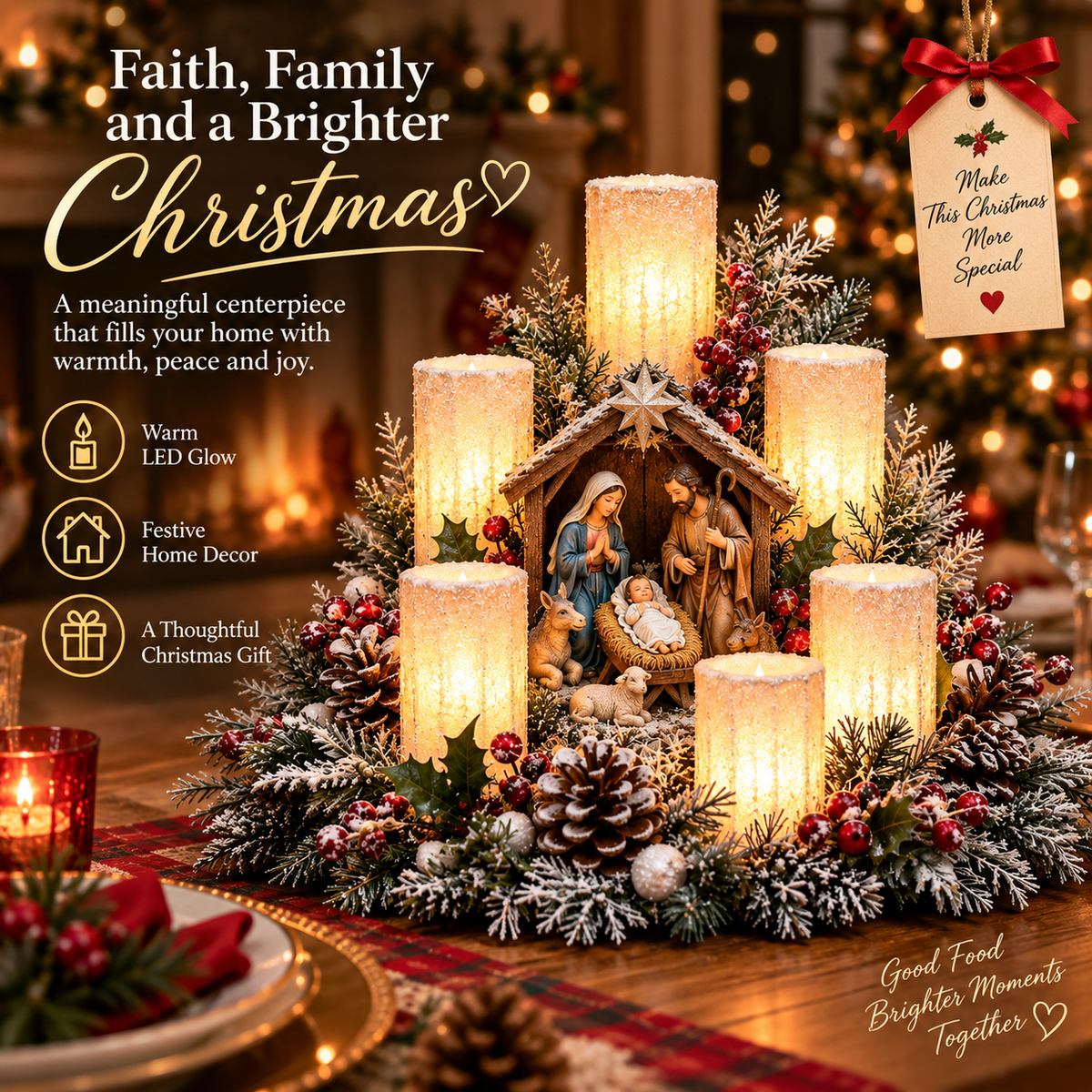🌲Lighted Christmas Centerpiece — 7 Styles, Candle-Style Holiday Decor
