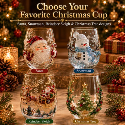 🎅✨Magical Christmas 3D Glass Cup Collection – Santa, Reindeer, Snowman & Christmas Tree