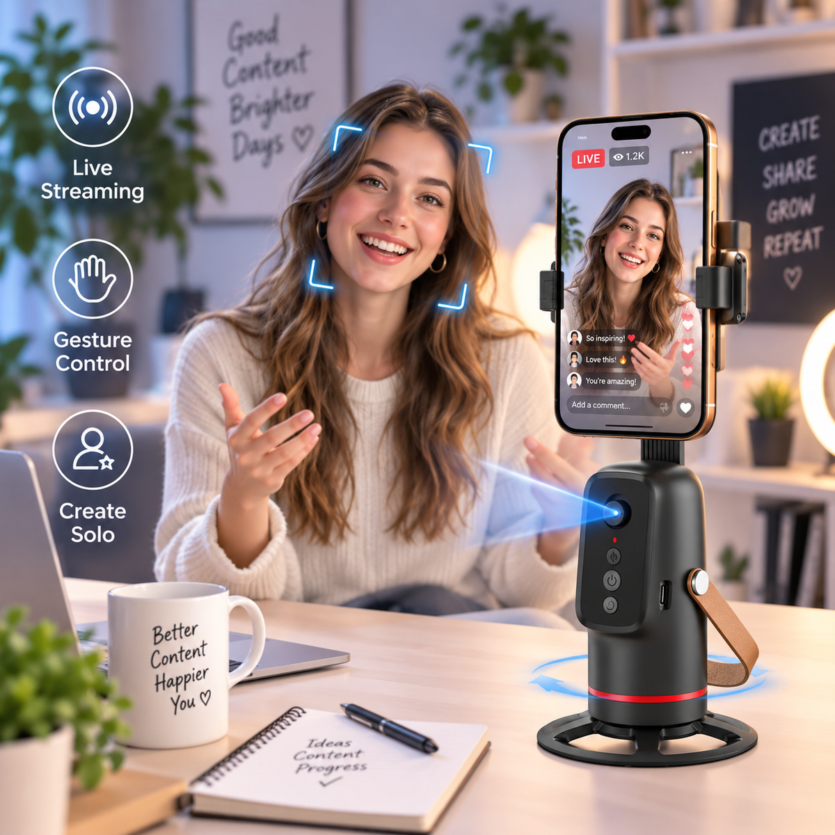 📱360° Auto Face Tracking Phone Holder  – Gesture Control Hands-Free Vlogging Stand